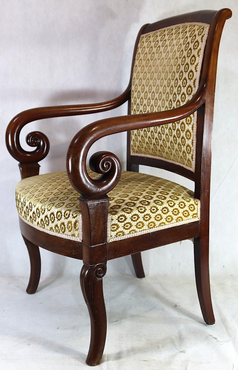 Mahogany Armchair With Scrolled Arms, Restoration Period, 19th Century