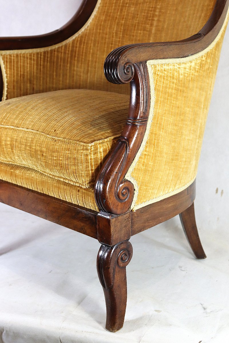 Mahogany Gondola-shaped Bergère Chair, Restoration Period, 19th Century-photo-2