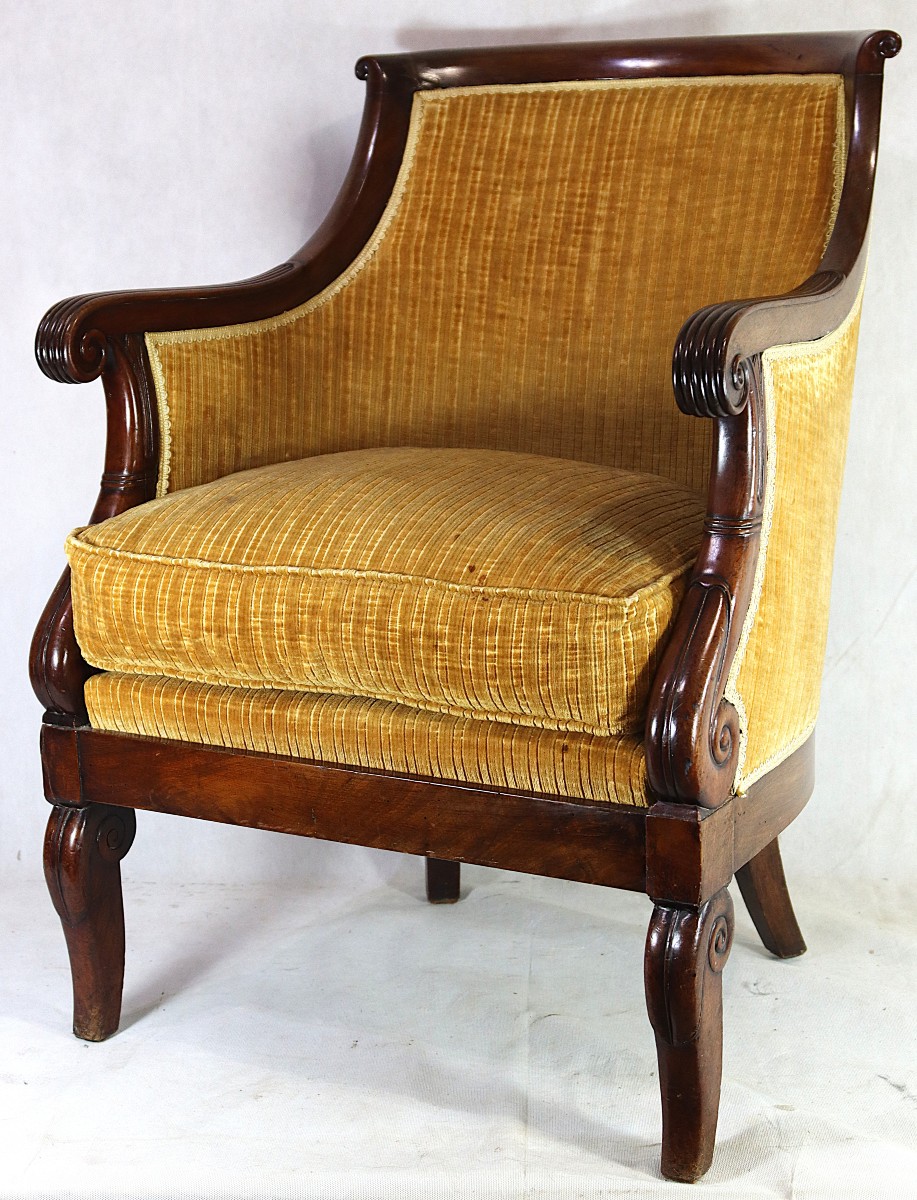 Mahogany Gondola-shaped Bergère Chair, Restoration Period, 19th Century
