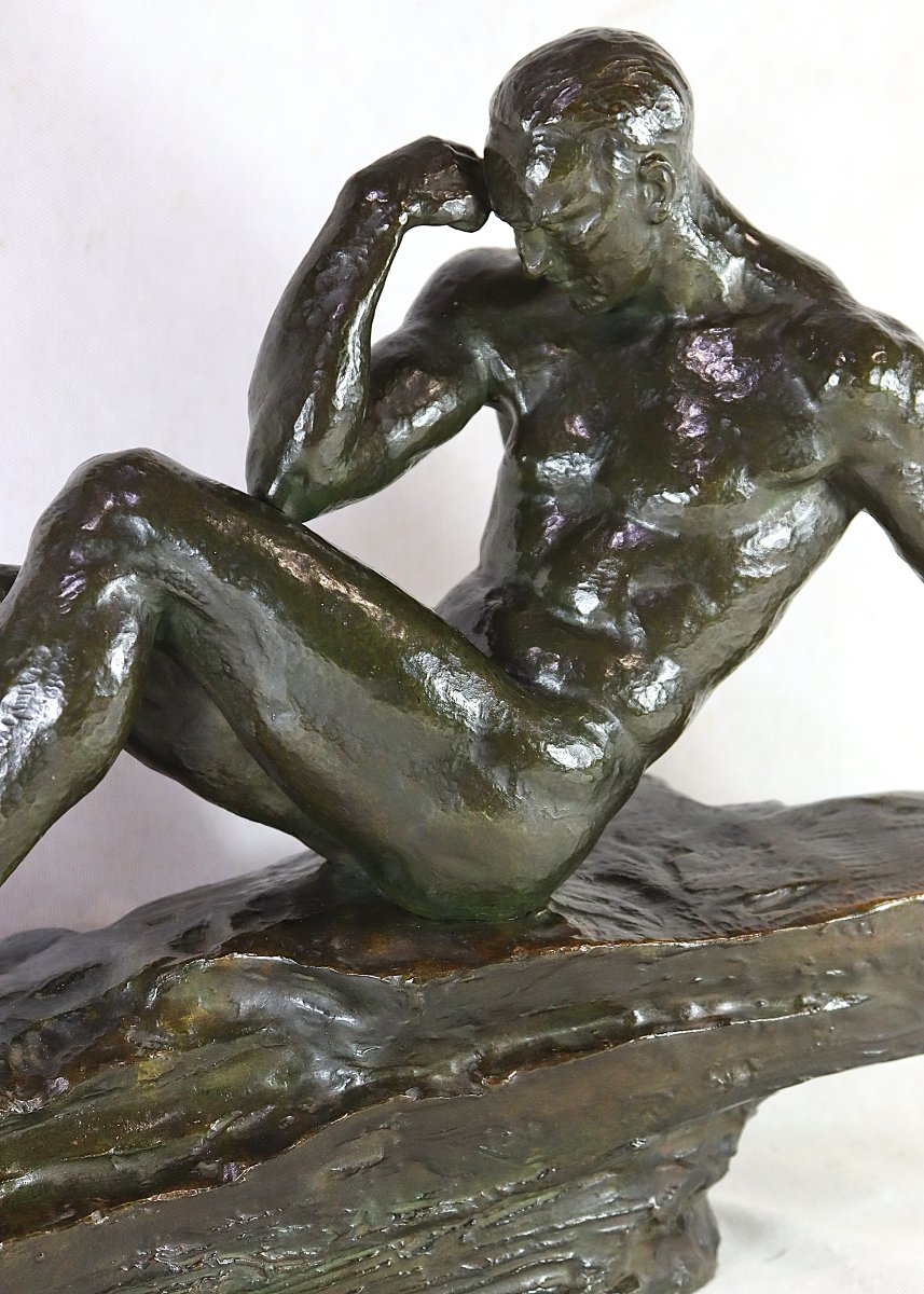 Pierre Le Faguays (1892-1962), Grande Sculpture en bronze " Le penseur ", vers 1930-photo-2