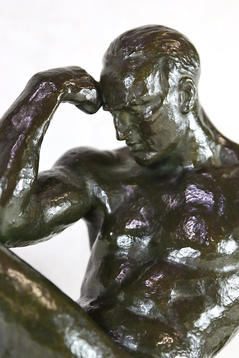Pierre Le Faguays (1892-1962), Grande Sculpture en bronze " Le penseur ", vers 1930-photo-4