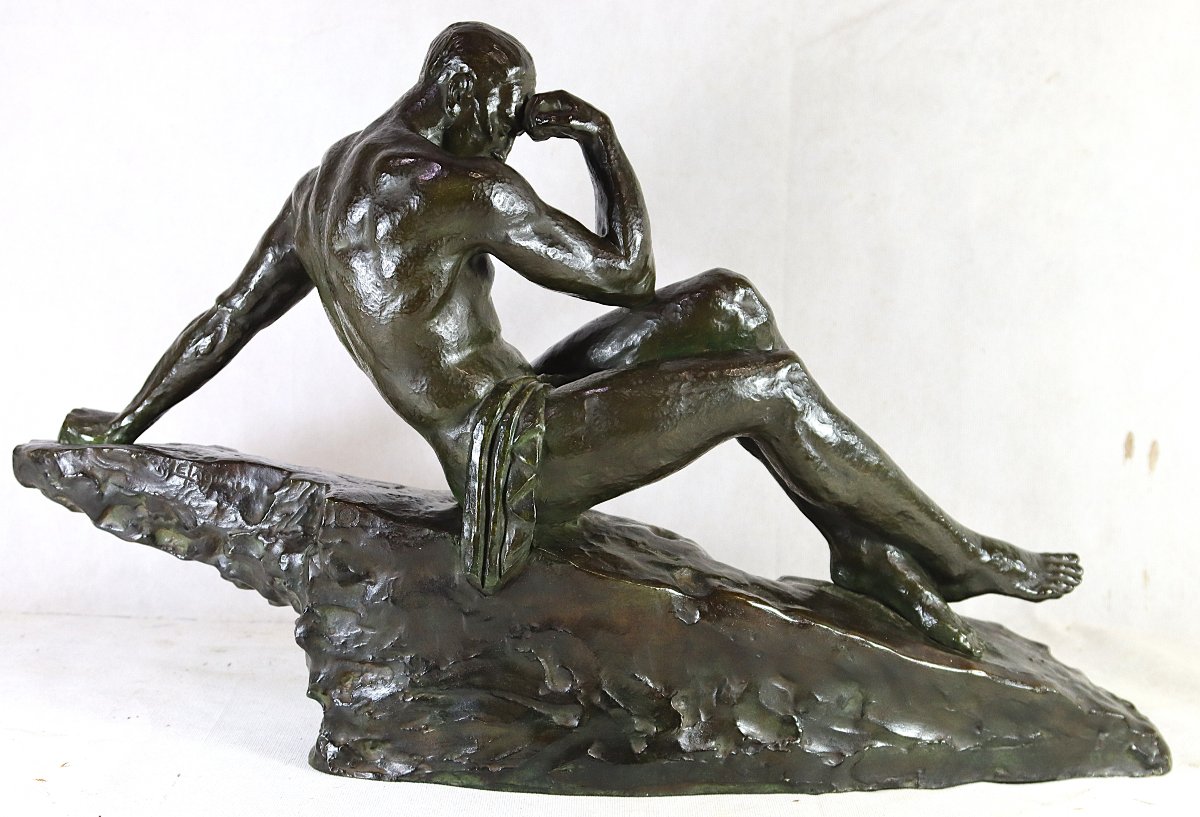 Pierre Le Faguays (1892-1962), Grande Sculpture en bronze " Le penseur ", vers 1930-photo-1