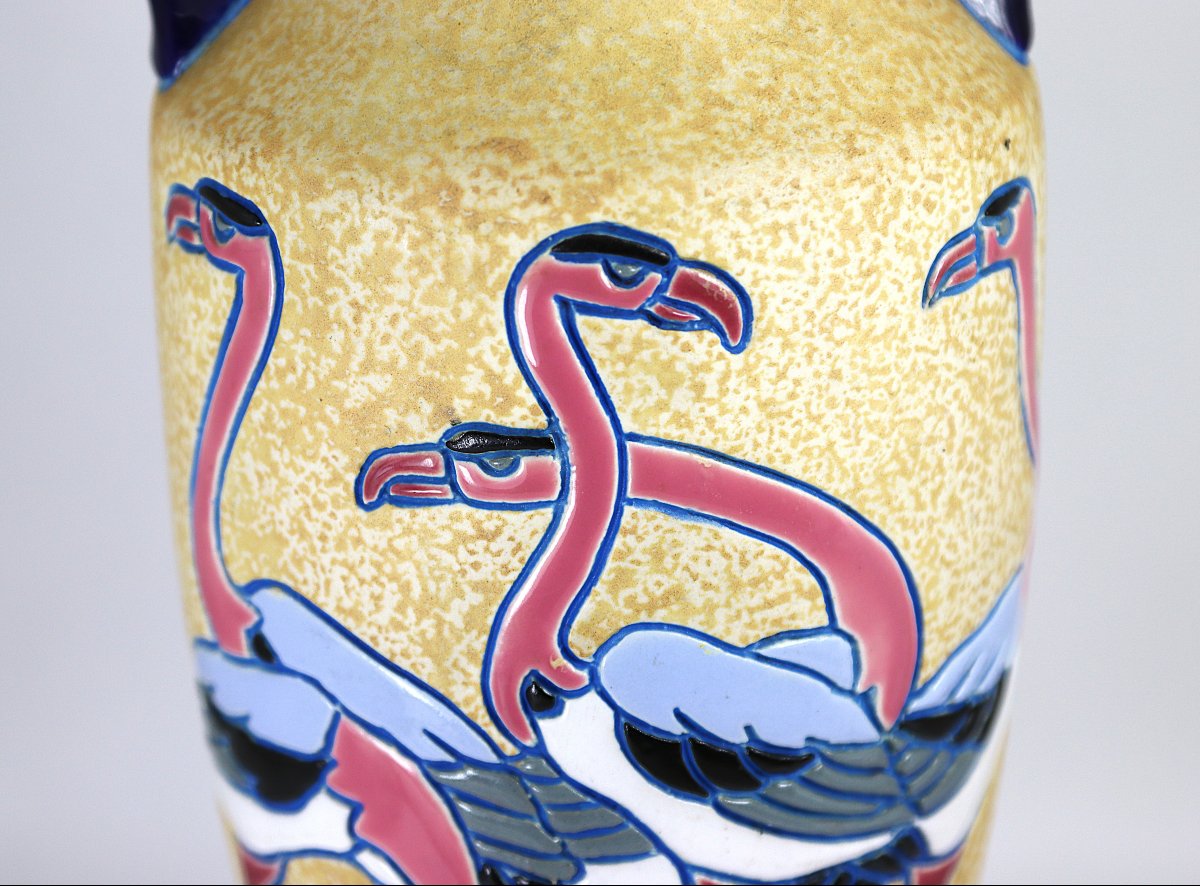 Art Deco, Amphora Vase "flamingo Decoration", Signed, 1930-photo-3