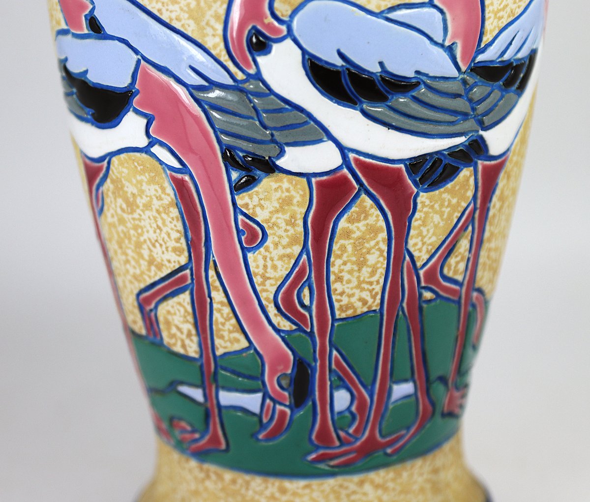 Art Deco, Amphora Vase "flamingo Decoration", Signed, 1930-photo-4