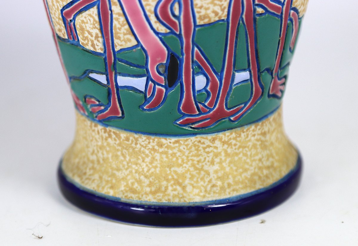 Art Deco, Amphora Vase "flamingo Decoration", Signed, 1930-photo-1