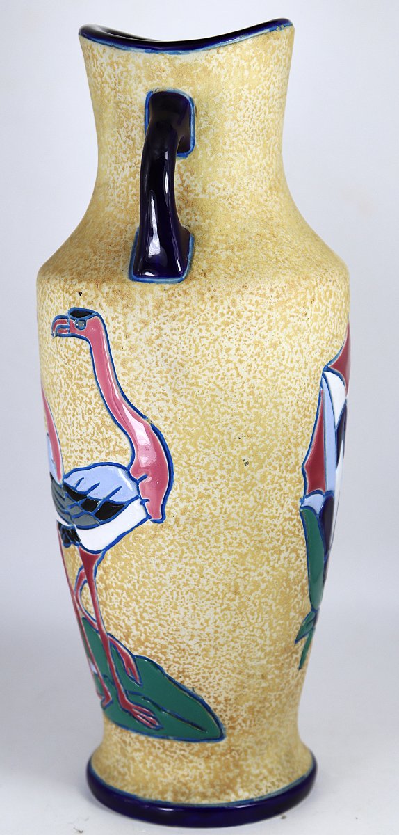 Art Deco, Amphora Vase "flamingo Decoration", Signed, 1930-photo-2