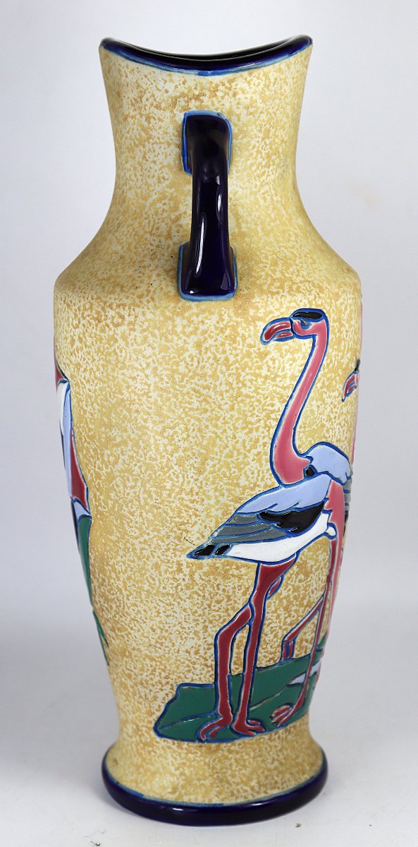Art Deco, Amphora Vase "flamingo Decoration", Signed, 1930-photo-5