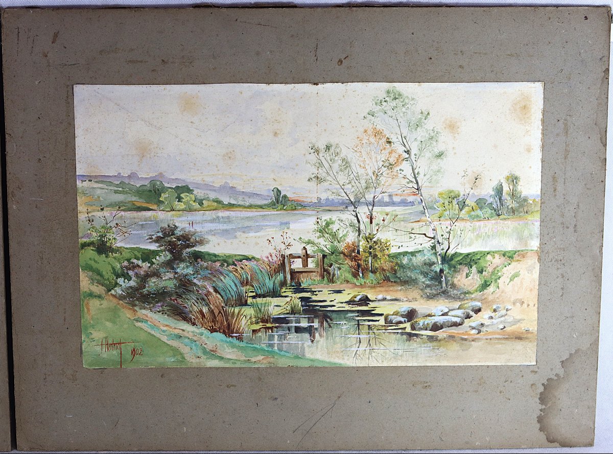 J. Hertrich (19th-20th Century), Pair Of Landscape Watercolors, Signed, Dated 1902-photo-3