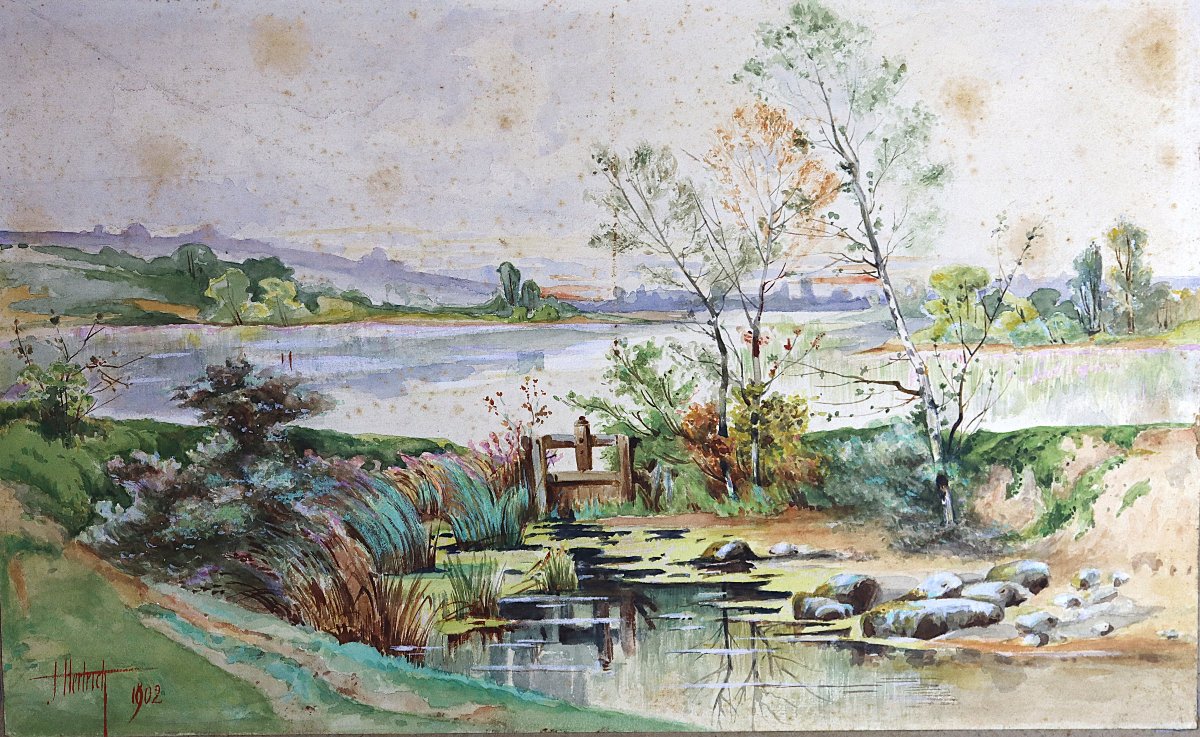 J. Hertrich (19th-20th Century), Pair Of Landscape Watercolors, Signed, Dated 1902-photo-4