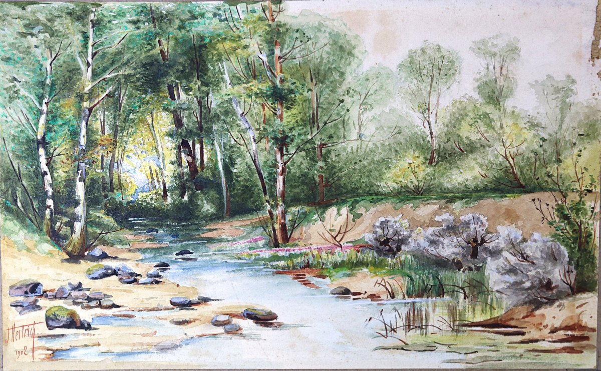 J. Hertrich (19th-20th Century), Pair Of Landscape Watercolors, Signed, Dated 1902-photo-1