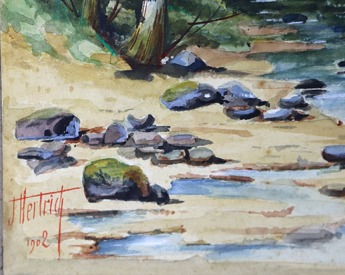 J. Hertrich (19th-20th Century), Pair Of Landscape Watercolors, Signed, Dated 1902-photo-2
