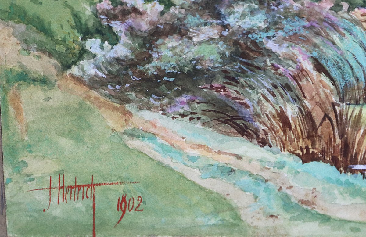 J. Hertrich (19th-20th Century), Pair Of Landscape Watercolors, Signed, Dated 1902-photo-5