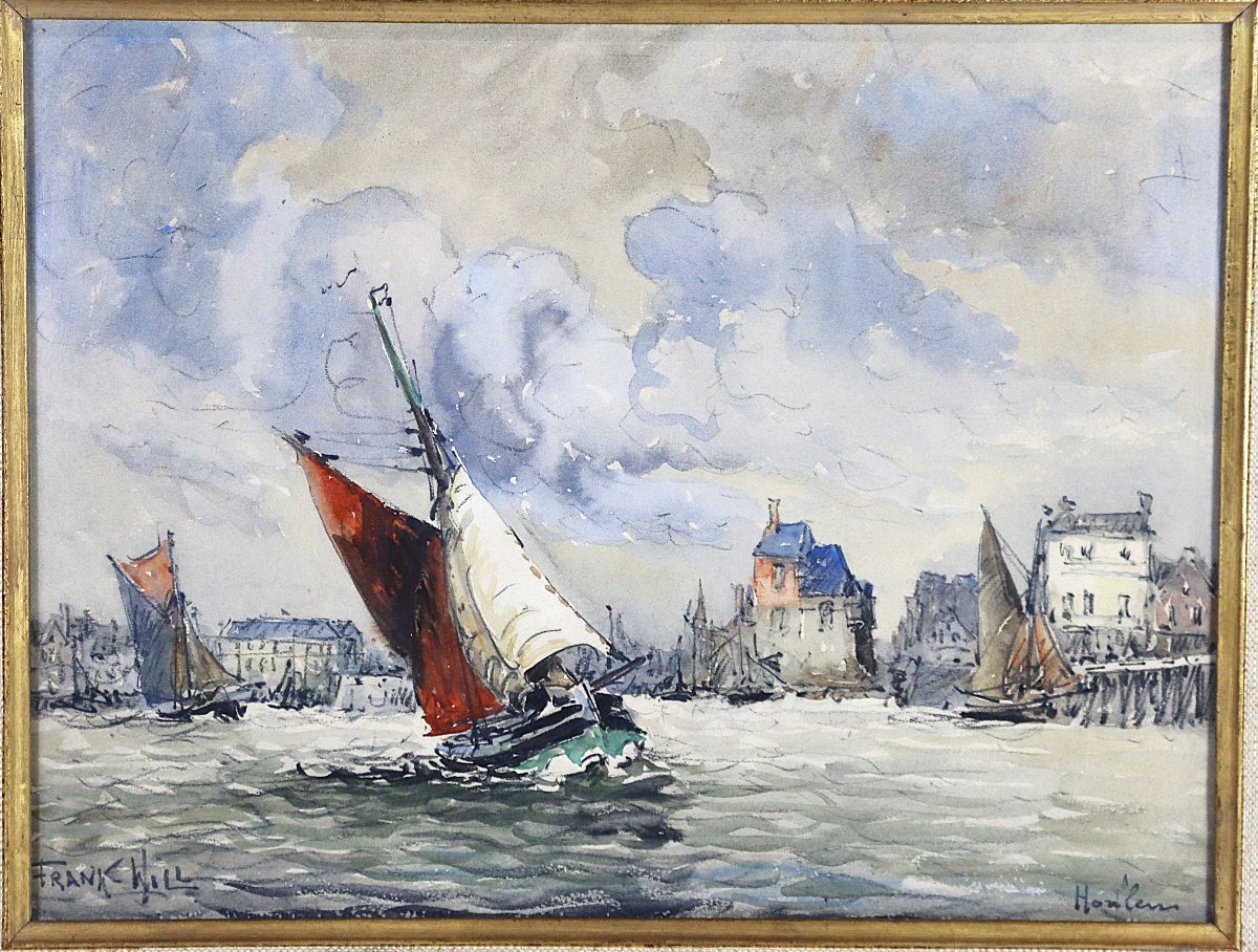 Franck Will (1900-1951) Watercolor "honfleur", Signed, 20th Century-photo-2