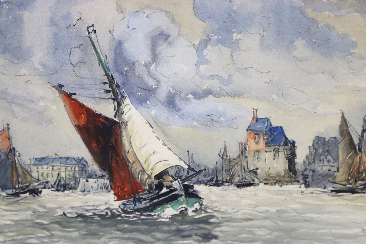Franck Will (1900-1951) Watercolor "honfleur", Signed, 20th Century-photo-5
