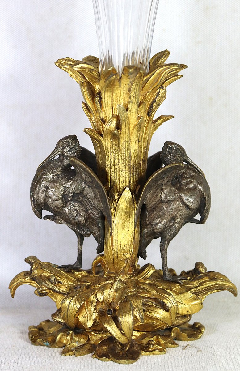 Crystal Soliflore Vase With Bronze Base And Two Patinas, 19th Century-photo-3