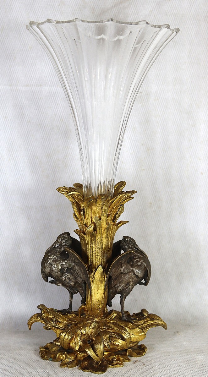 Crystal Soliflore Vase With Bronze Base And Two Patinas, 19th Century