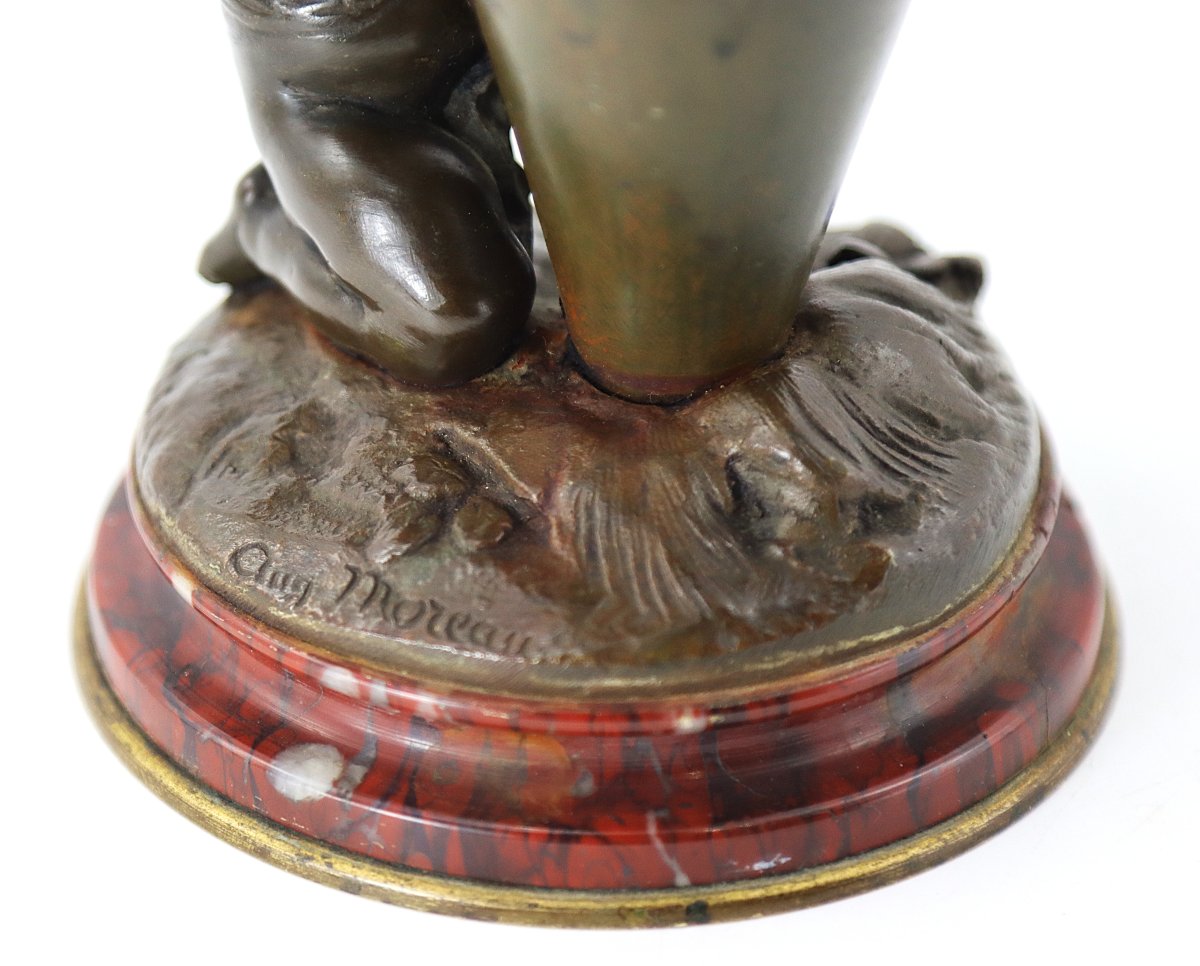 Auguste Moreau (1834-1917), Bronze Sculpture "the Cherub With The Vase", 19th Century-photo-3