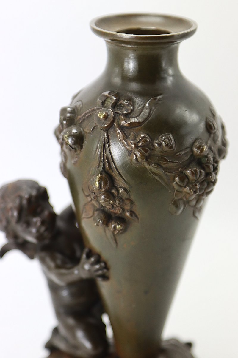Auguste Moreau (1834-1917), Bronze Sculpture "the Cherub With The Vase", 19th Century-photo-4