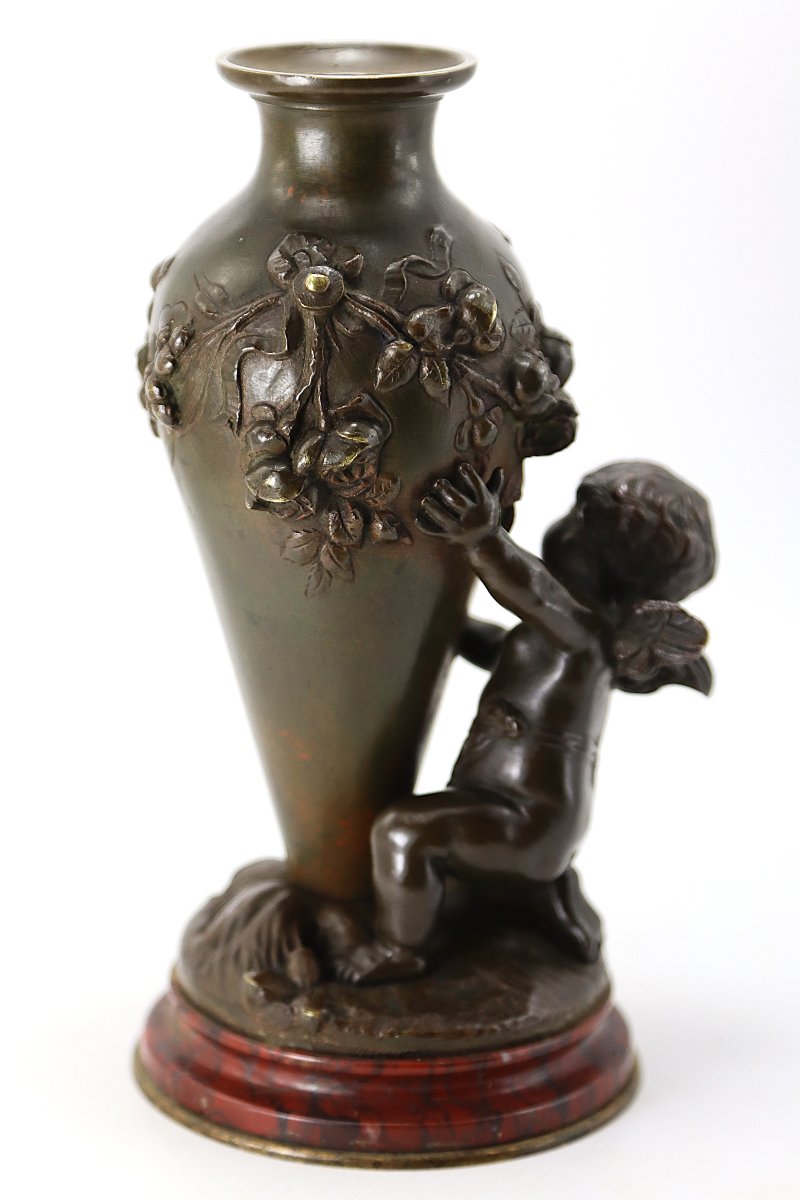 Auguste Moreau (1834-1917), Bronze Sculpture "the Cherub With The Vase", 19th Century-photo-2
