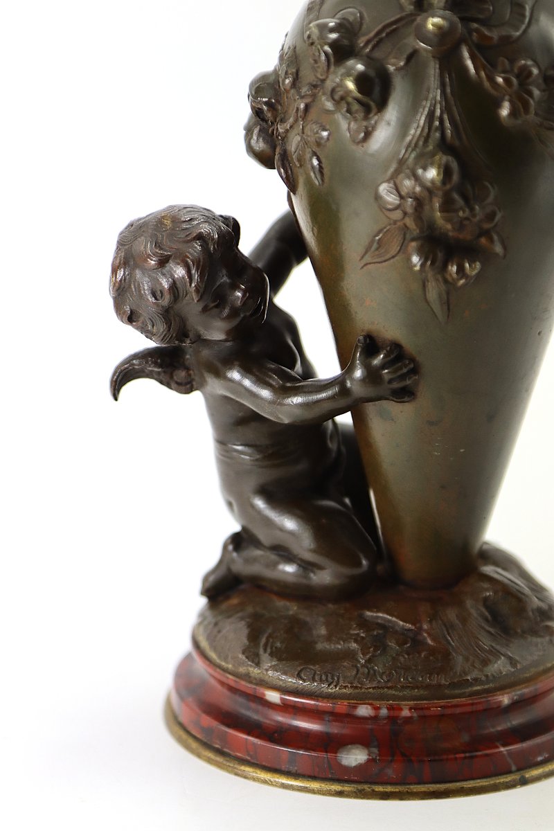 Auguste Moreau (1834-1917), Bronze Sculpture "the Cherub With The Vase", 19th Century-photo-5