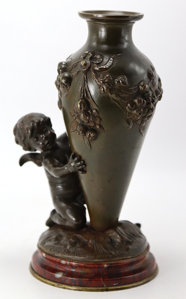 Auguste Moreau (1834-1917), Bronze Sculpture "the Cherub With The Vase", 19th Century