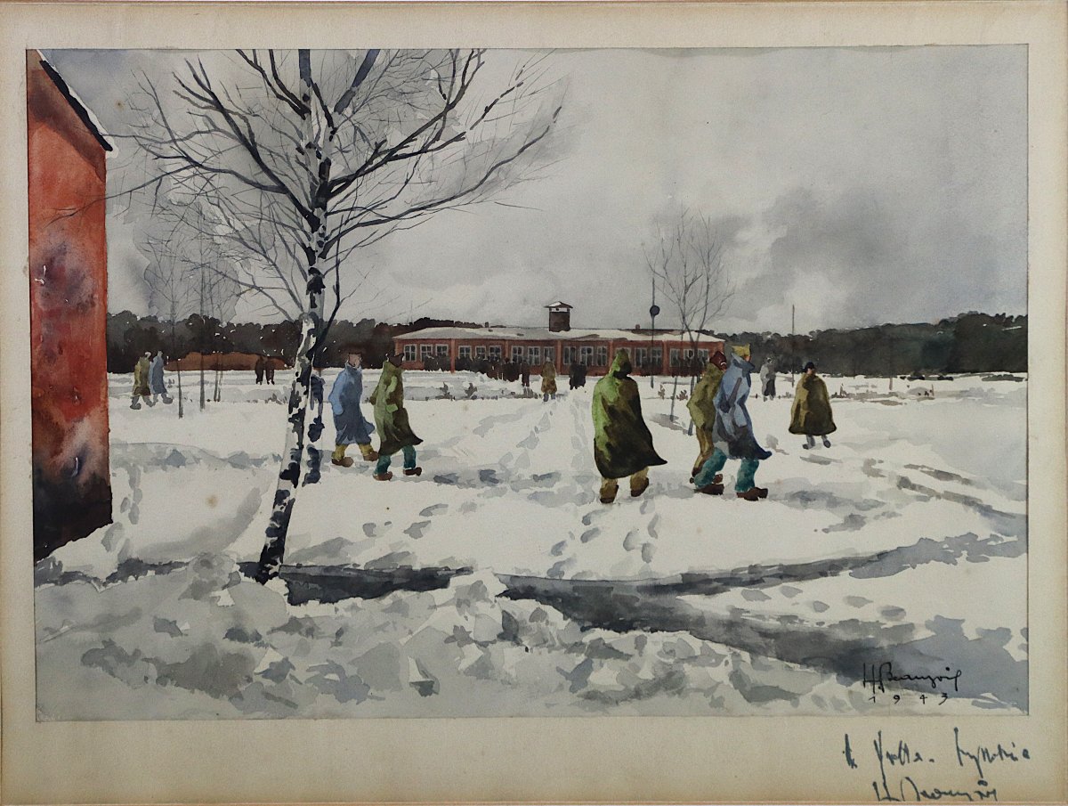 H. Beaujoi (XXe), Aquarelle "Camp de concentration ", signé et daté 1943-photo-2