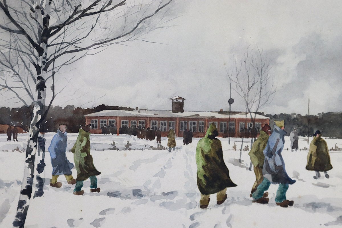 H. Beaujoi (XXe), Aquarelle "Camp de concentration ", signé et daté 1943-photo-1