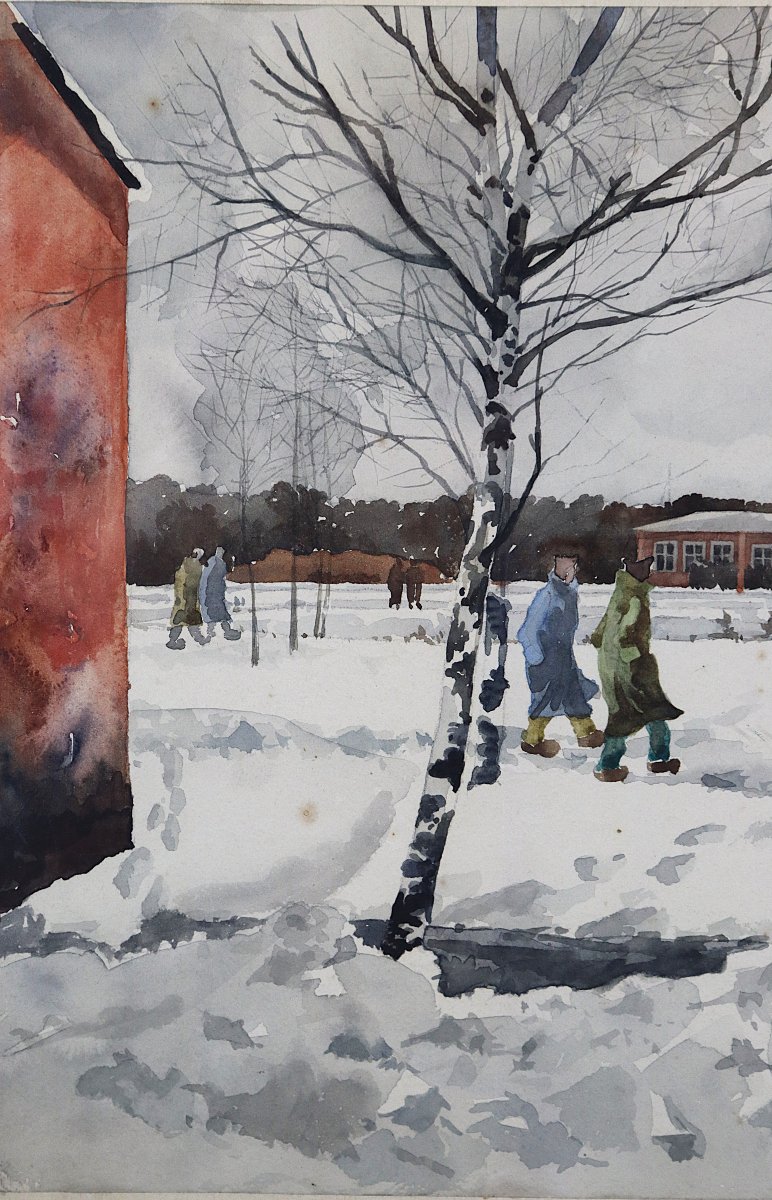 H. Beaujoi (XXe), Aquarelle "Camp de concentration ", signé et daté 1943-photo-2