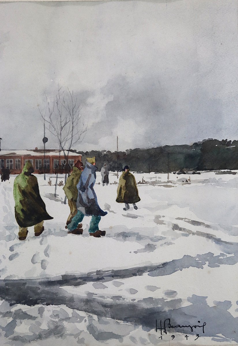 H. Beaujoi (XXe), Aquarelle "Camp de concentration ", signé et daté 1943-photo-4