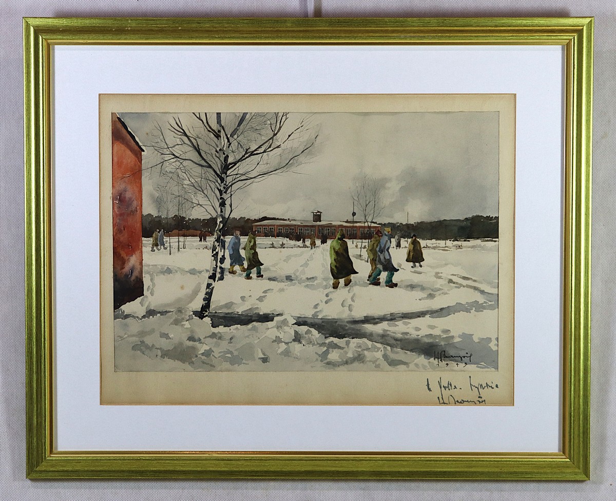 H. Beaujoi (XXe), Aquarelle "Camp de concentration ", signé et daté 1943