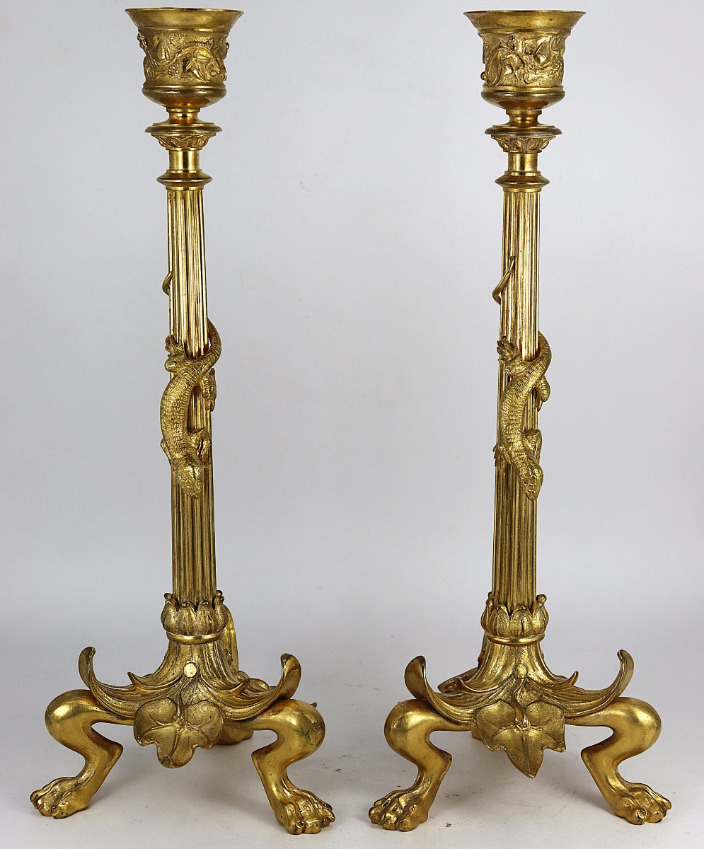 Pair Of Gilt Bronze "lizard" Candlesticks, 19th Century-photo-2