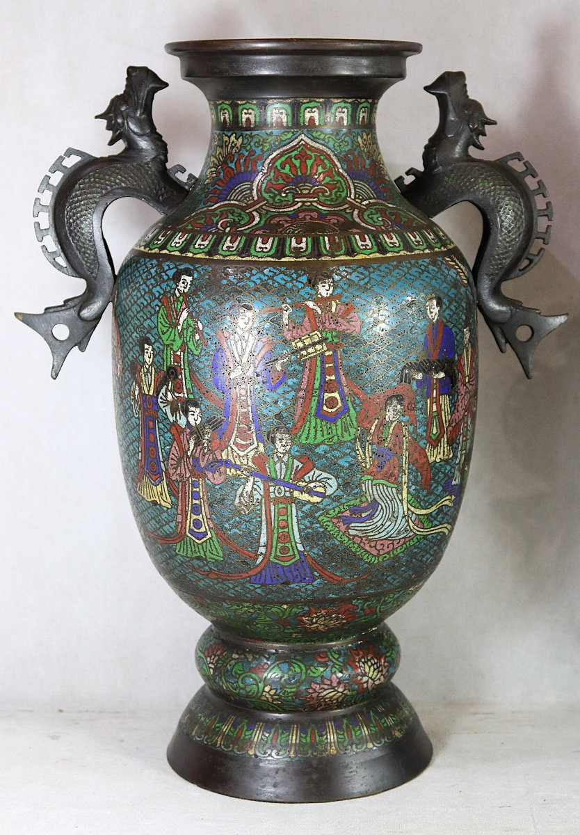Large Pair Of Cloisonné And Champlevé Bronze Vases, China Qing 19th Century-photo-3