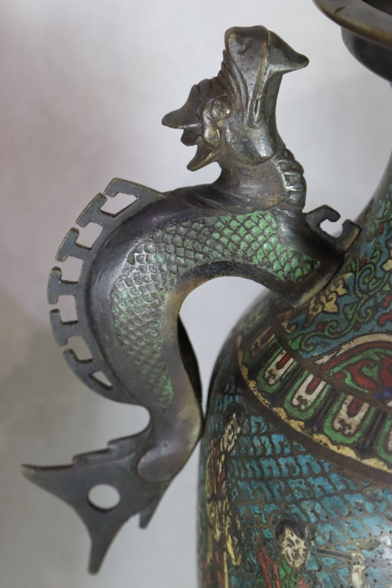 Large Pair Of Cloisonné And Champlevé Bronze Vases, China Qing 19th Century-photo-1