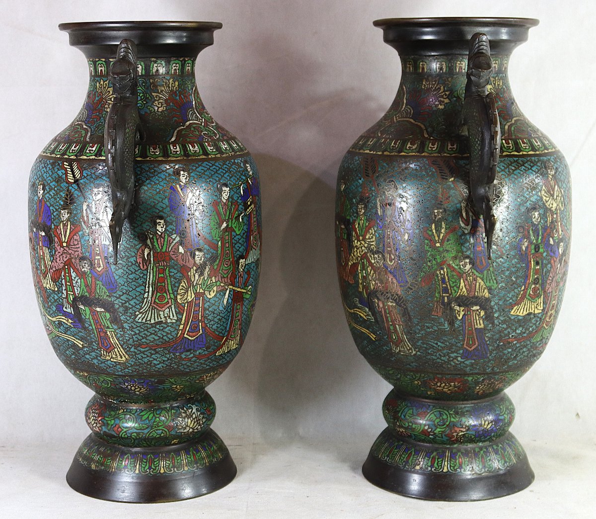 Large Pair Of Cloisonné And Champlevé Bronze Vases, China Qing 19th Century-photo-2