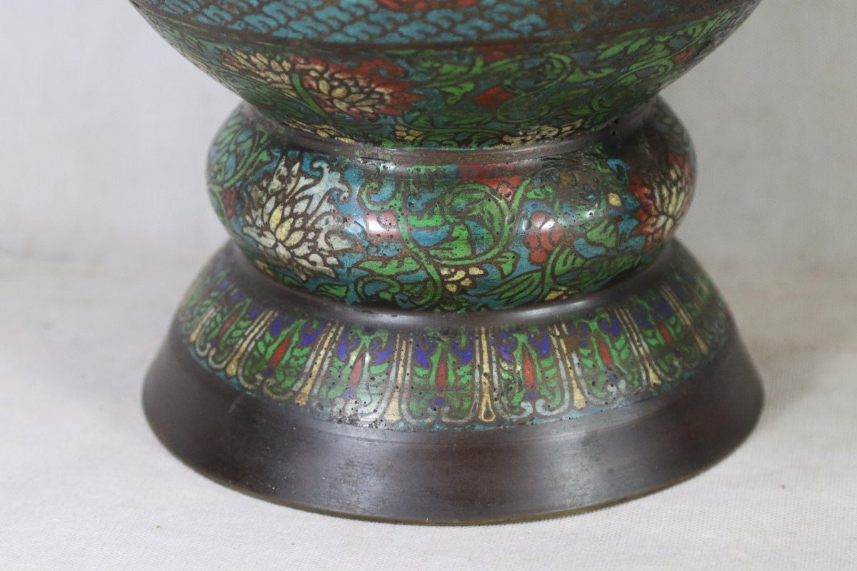 Large Pair Of Cloisonné And Champlevé Bronze Vases, China Qing 19th Century-photo-7