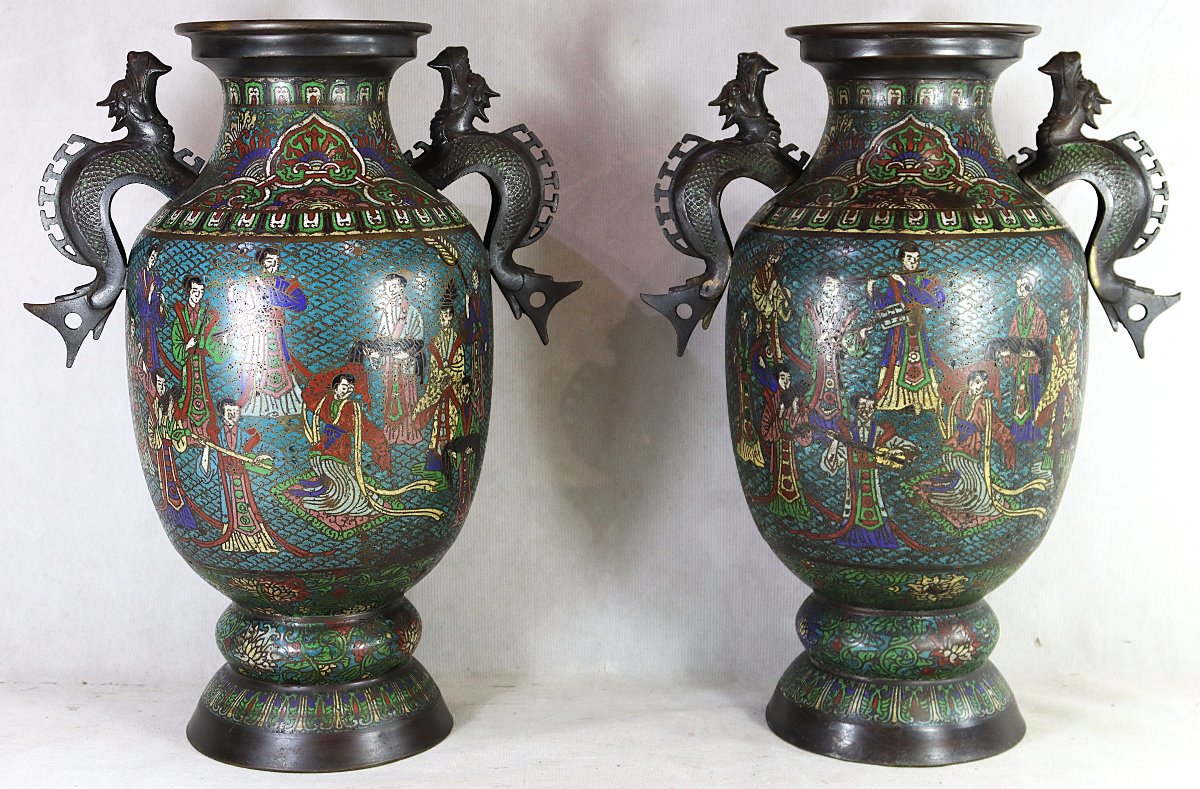 Large Pair Of Cloisonné And Champlevé Bronze Vases, China Qing 19th Century-photo-8