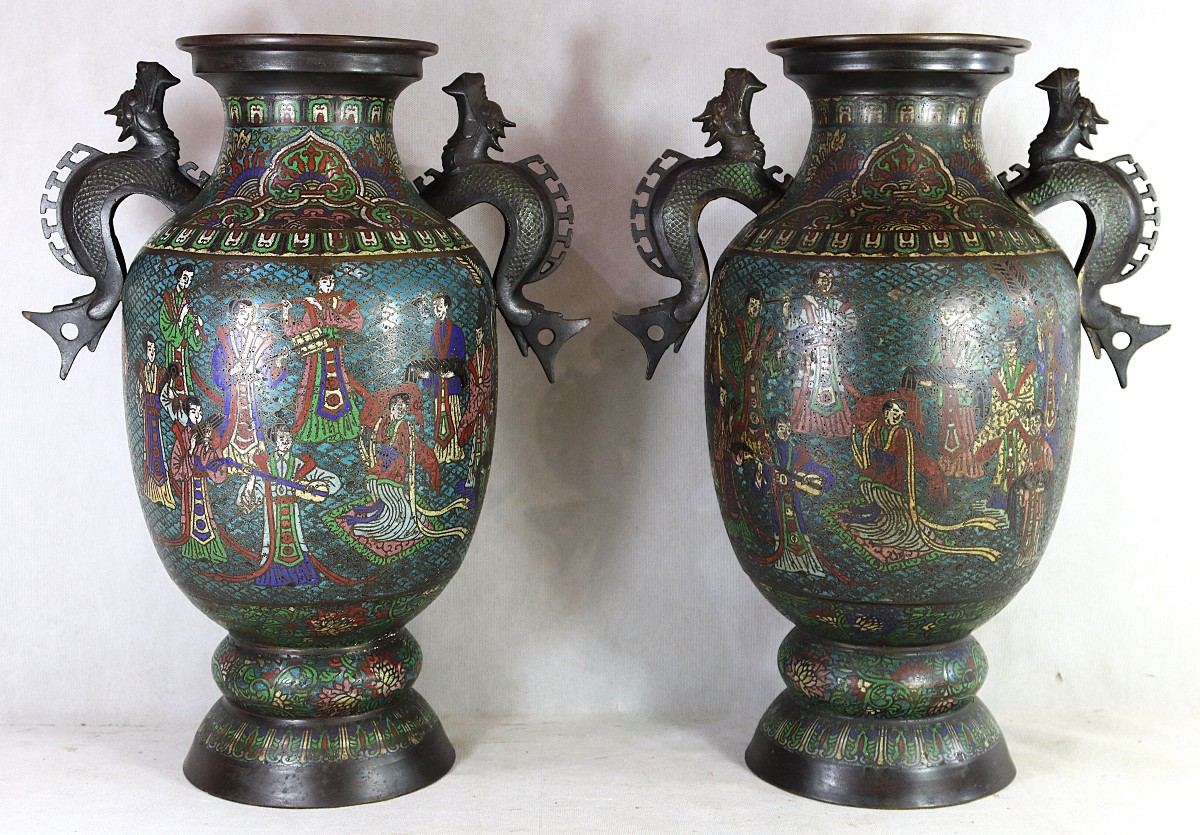Large Pair Of Cloisonné And Champlevé Bronze Vases, China Qing 19th Century