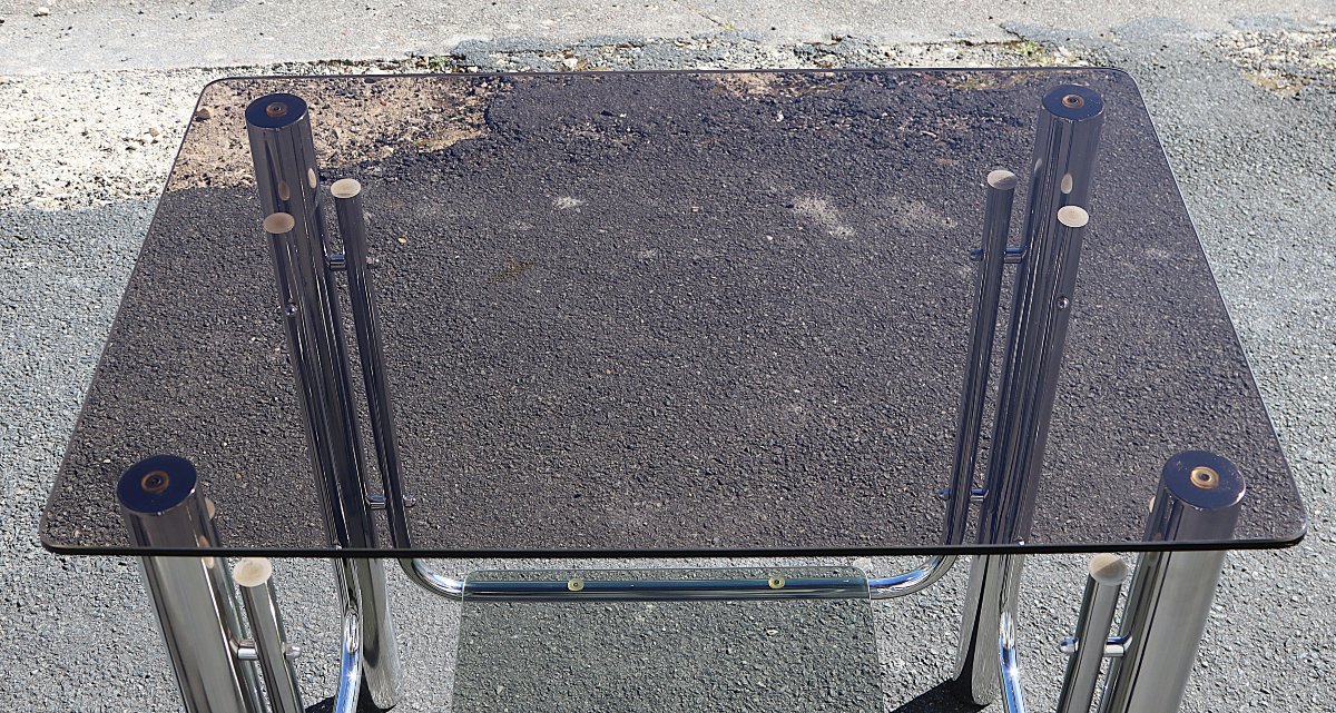 Italie 1970, Table SPACE AGE chrome et verre fumé.-photo-4