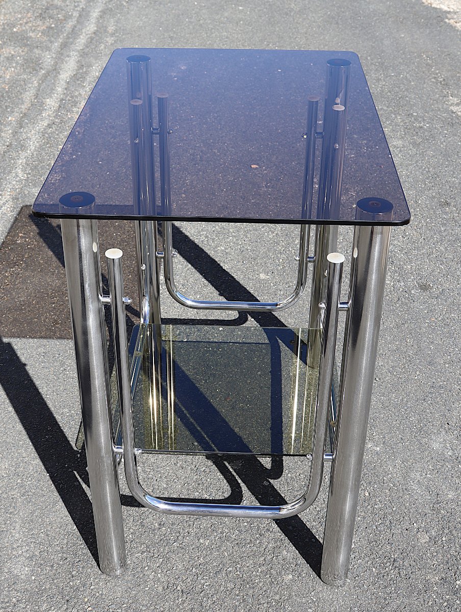 Italie 1970, Table SPACE AGE chrome et verre fumé.-photo-3