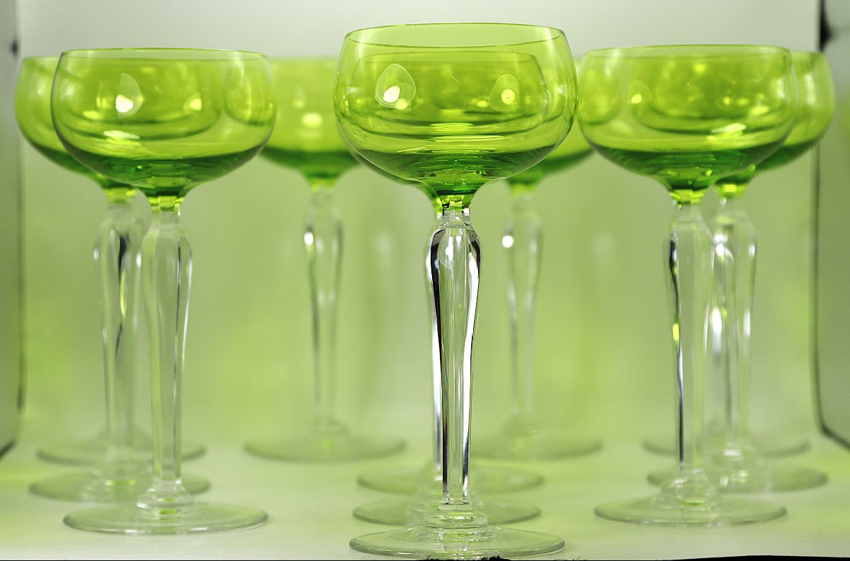 Val St Lambert, Series Of 11 Crystal Stemmed Glasses, Signed, 20th Century-photo-3