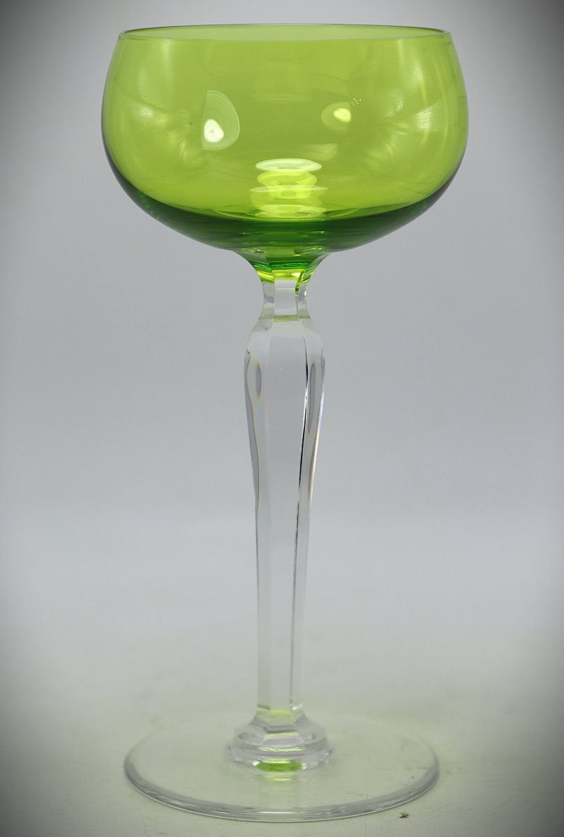 Val St Lambert, Series Of 11 Crystal Stemmed Glasses, Signed, 20th Century-photo-4