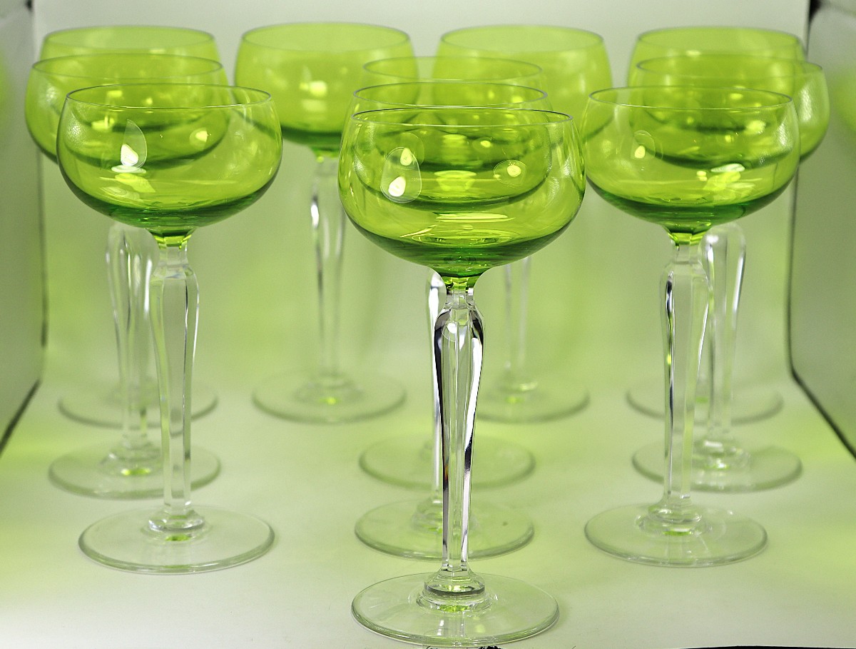 Val St Lambert, Series Of 11 Crystal Stemmed Glasses, Signed, 20th Century