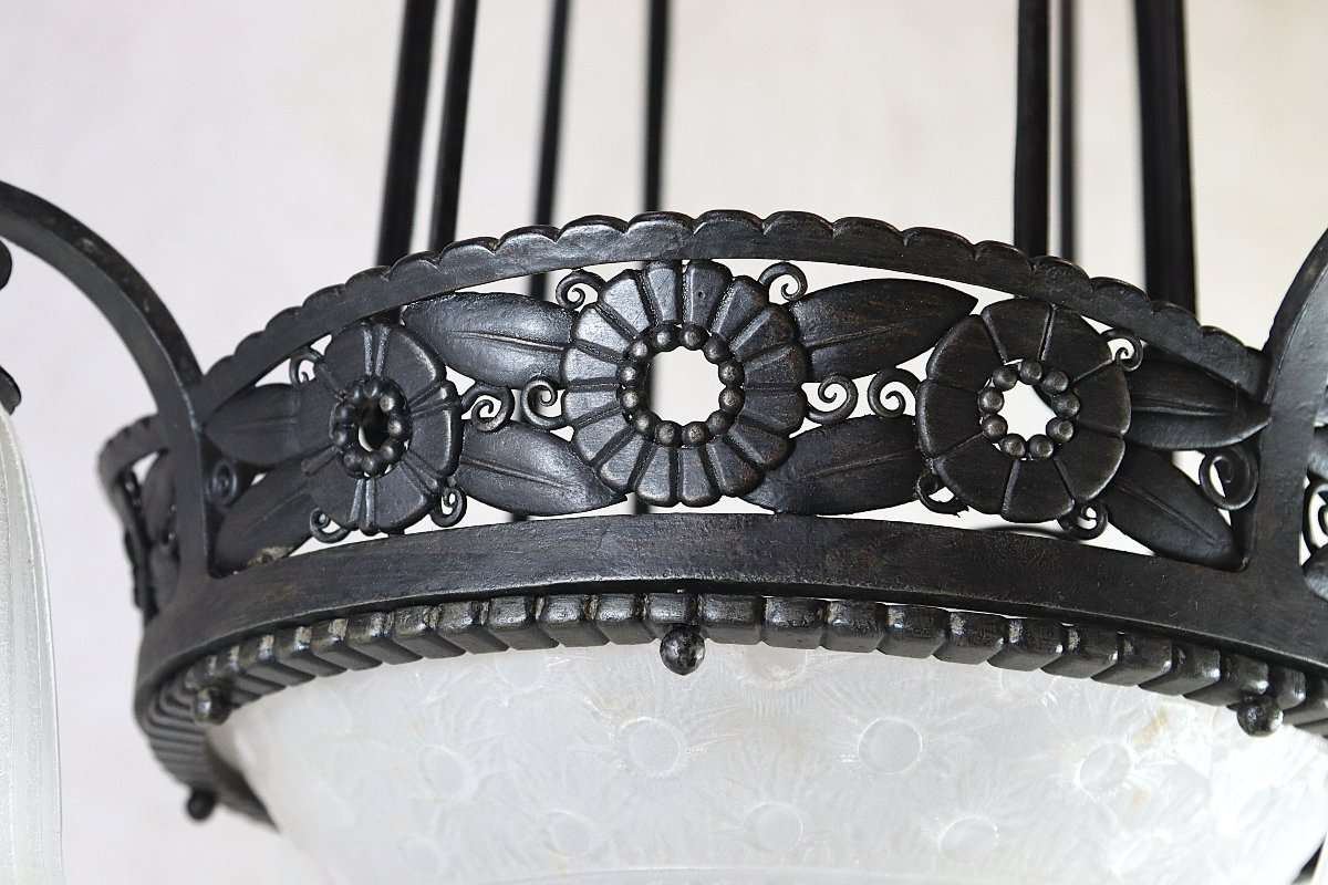 Daum Nancy + France, Art Deco Wrought Iron And Engraved Glass Chandelier, Signed, 1920-photo-4