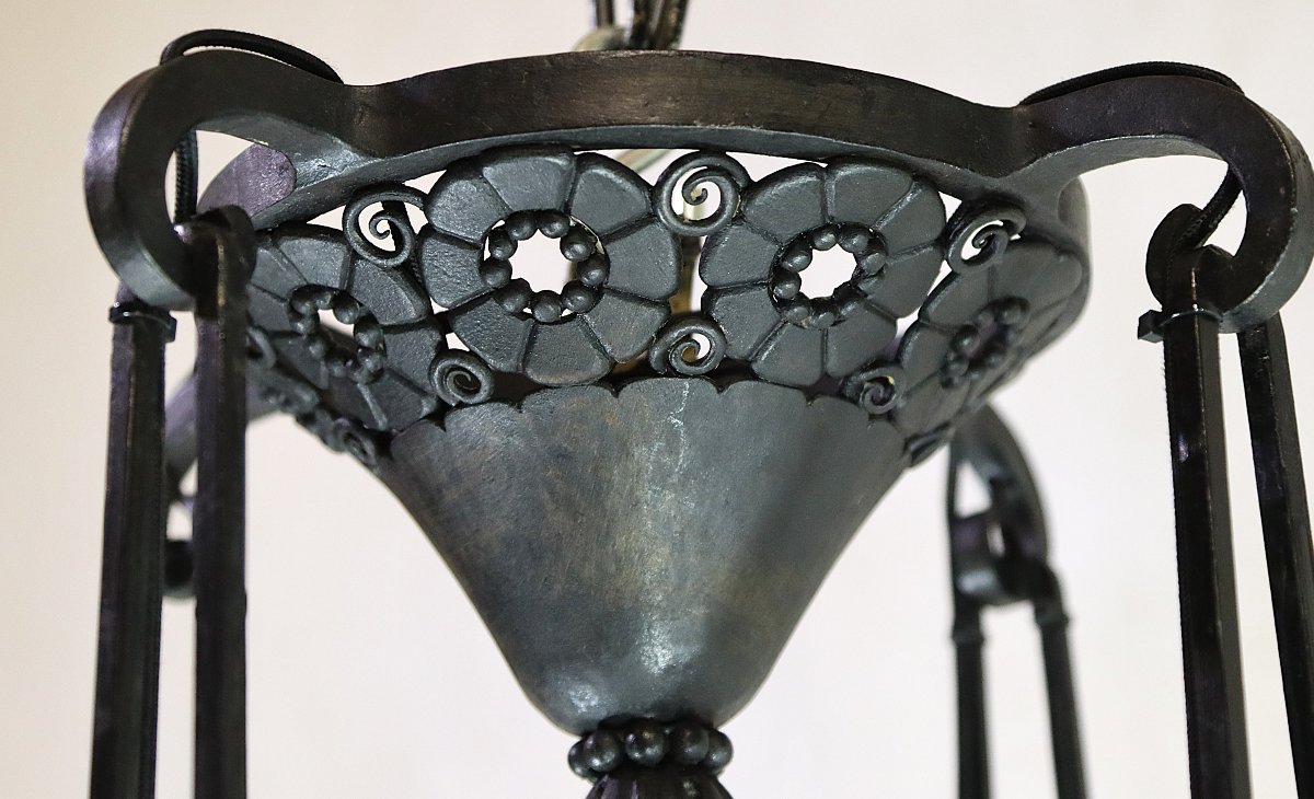 Daum Nancy + France, Art Deco Wrought Iron And Engraved Glass Chandelier, Signed, 1920-photo-2