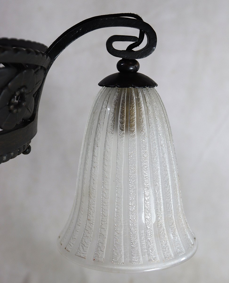 Daum Nancy + France, Art Deco Wrought Iron And Engraved Glass Chandelier, Signed, 1920-photo-6