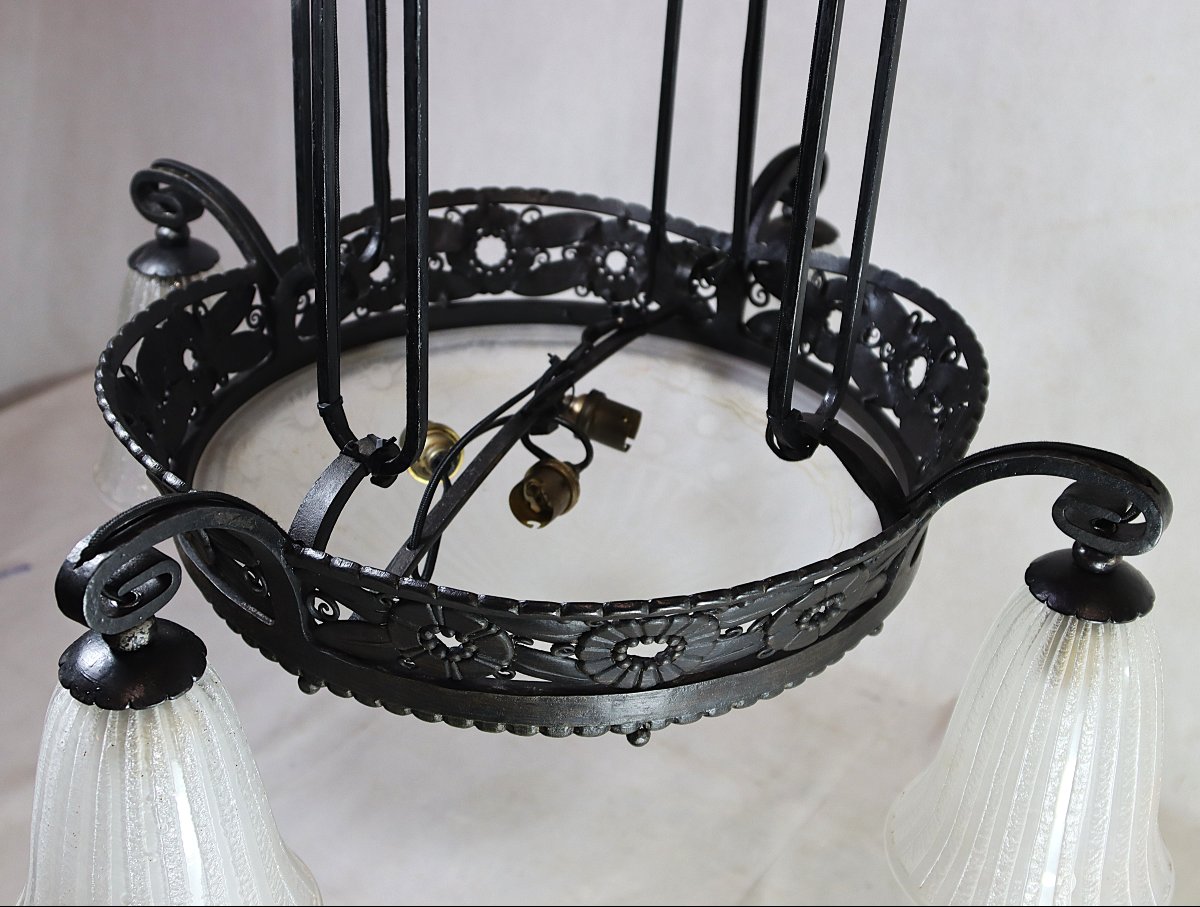 Daum Nancy + France, Art Deco Wrought Iron And Engraved Glass Chandelier, Signed, 1920-photo-7