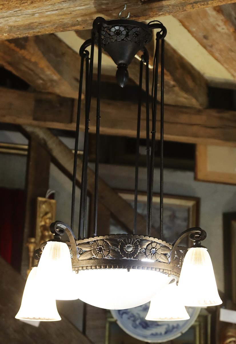 Daum Nancy + France, Art Deco Wrought Iron And Engraved Glass Chandelier, Signed, 1920-photo-8