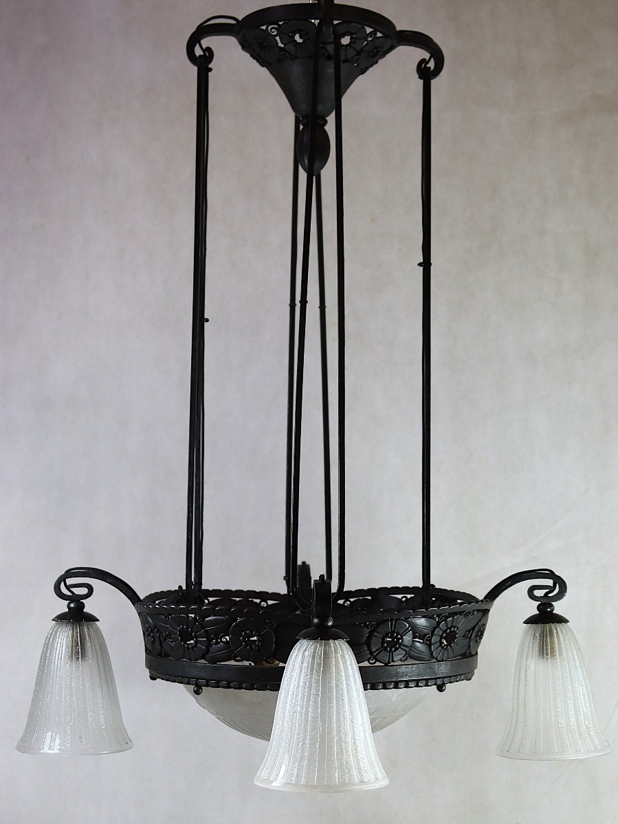 Daum Nancy + France, Art Deco Wrought Iron And Engraved Glass Chandelier, Signed, 1920