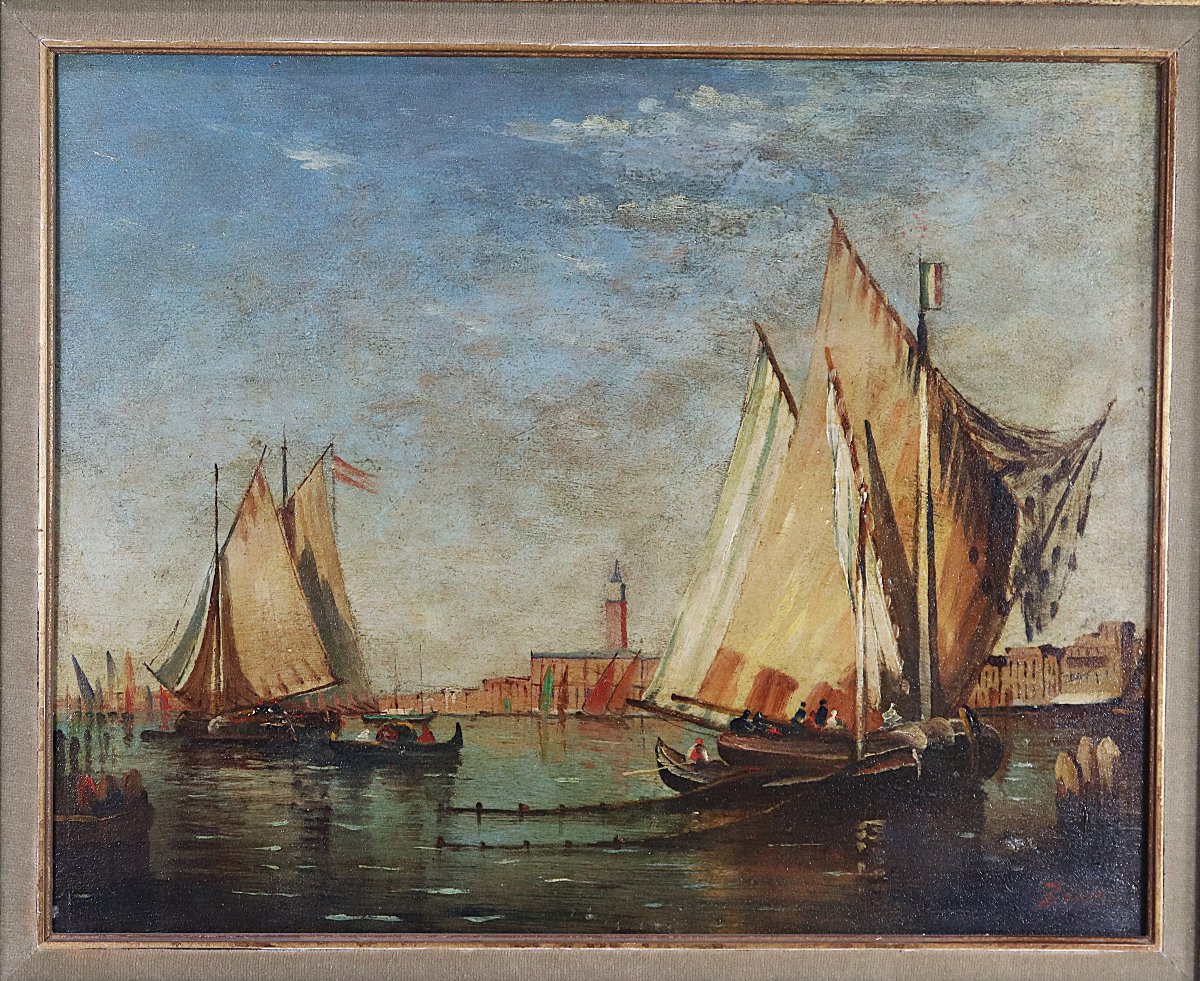 Suiveur de Felix ZIEM (1821-1911), Tableau HSP "L'arrivée en voilier devant Venise", XXe-photo-2