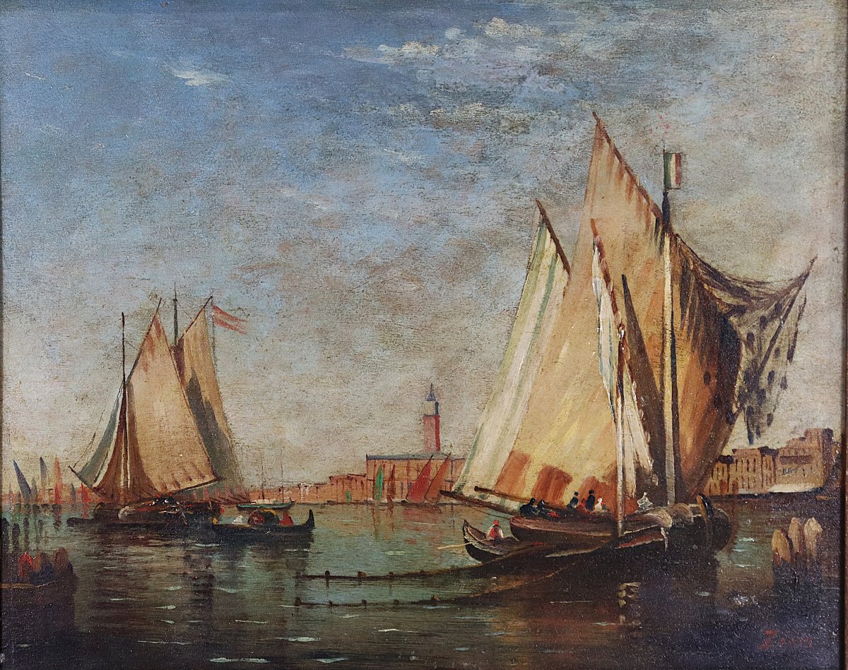 Suiveur de Felix ZIEM (1821-1911), Tableau HSP "L'arrivée en voilier devant Venise", XXe-photo-3